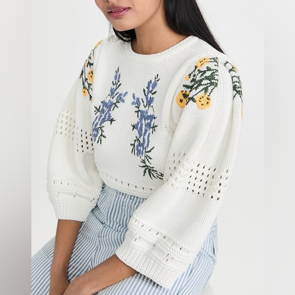 Ba&sh Miro Floral Embroidered Crochet Open Back 3/4 Sleeve Sweater Sz M - Picture 2 of 14